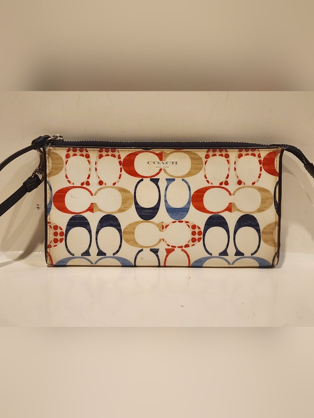 Coach Signature C Logo Zip Wristlet Wallet w/ Strap, White Blue Red